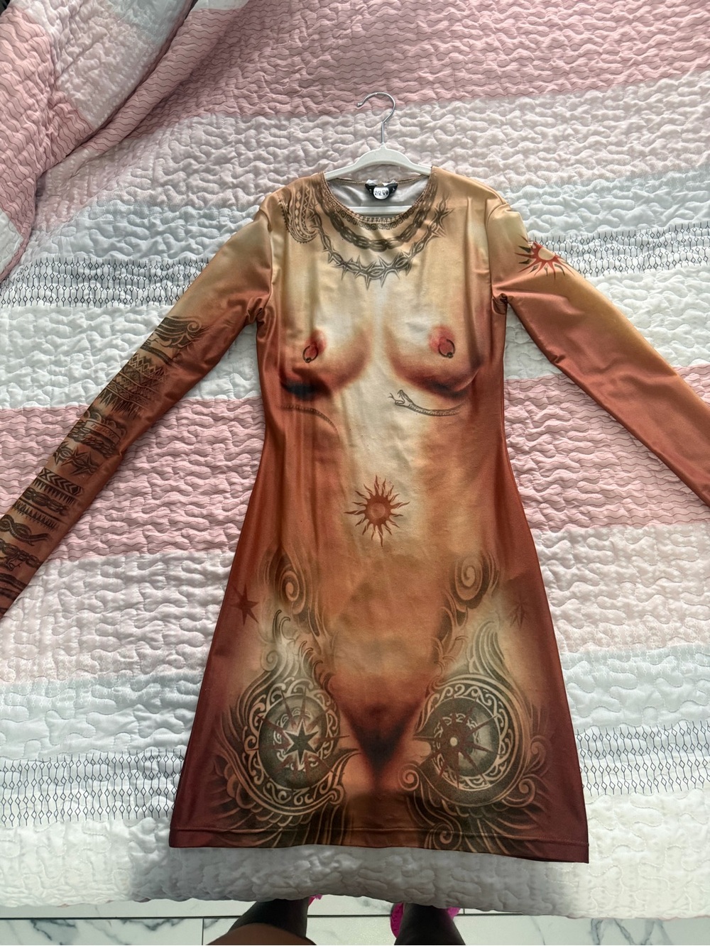 Jean Paul Gaultier Long-Sleeve Bodycon Dress in Burnt Orange and Tan